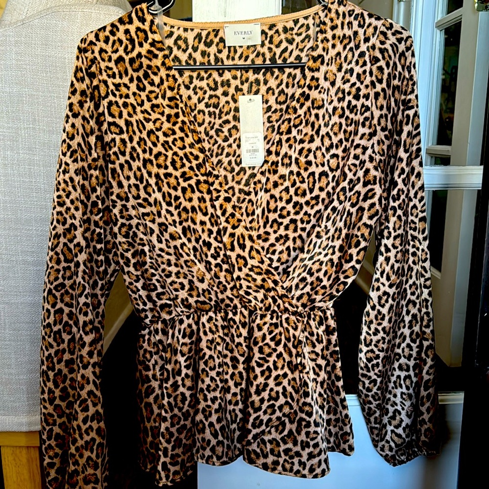 Low-Cut Cinched-Waist Silky Cheetah Print Blouse